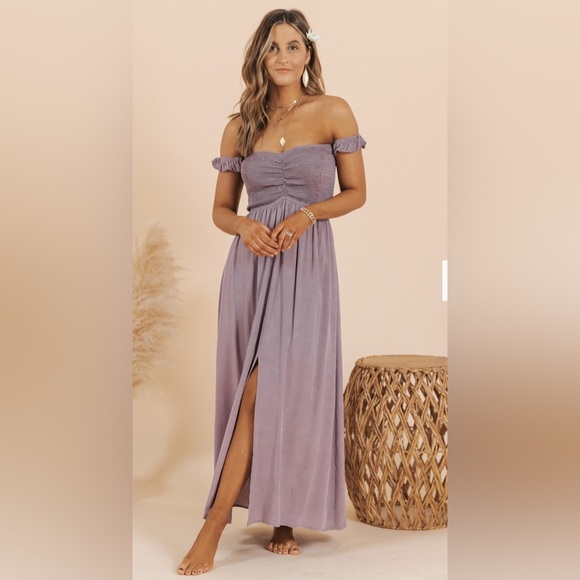Dresses & Skirts - Odella MAUVE OFF THE SHOULDER SMOCKED MIDI DRESS
